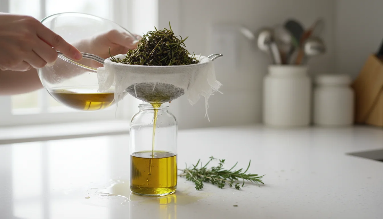 Hands straining golden-green herb oil through cheesecloth into a clear bottle, with dried herbs visible in the strainer.