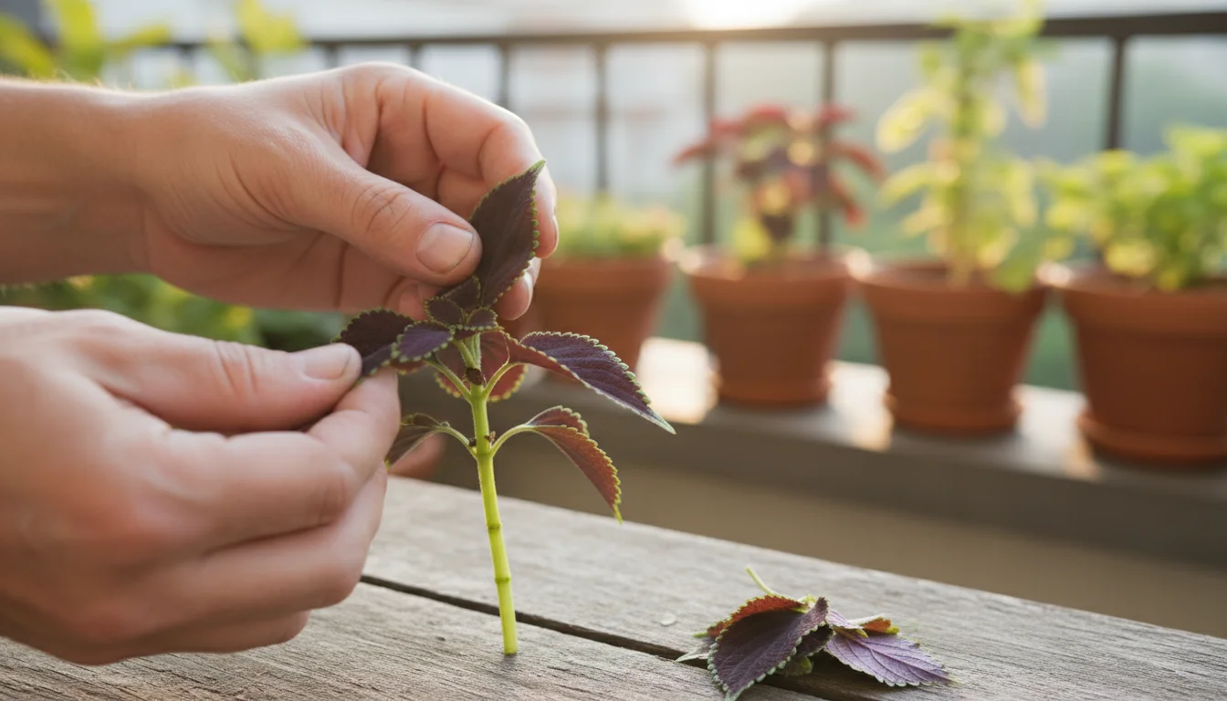 Hands stripping leaves from a coleus cutting. Lower stem is bare. Background blurred balcony garden.