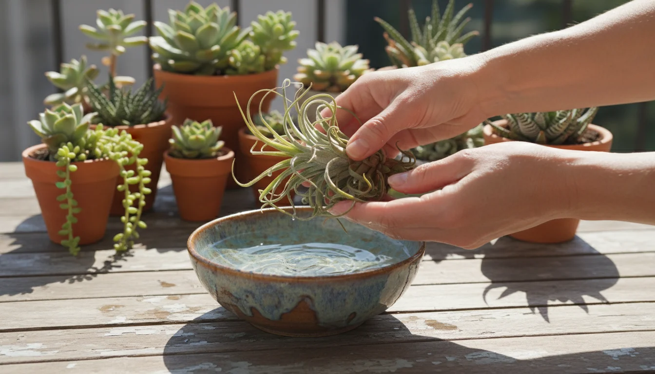 Hands gently submerge a dry, curled air plant into a bowl of water on a sunlit balcony table with other small potted plants.
