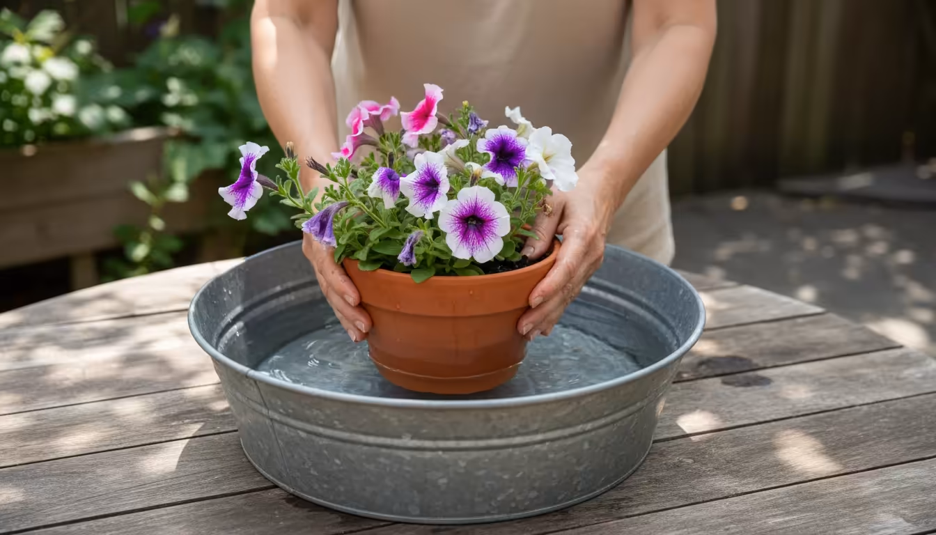 Close-up: Hands submerge a terracotta pot with a wilting petunia into a galvanized basin of water on a sunny wooden patio table.