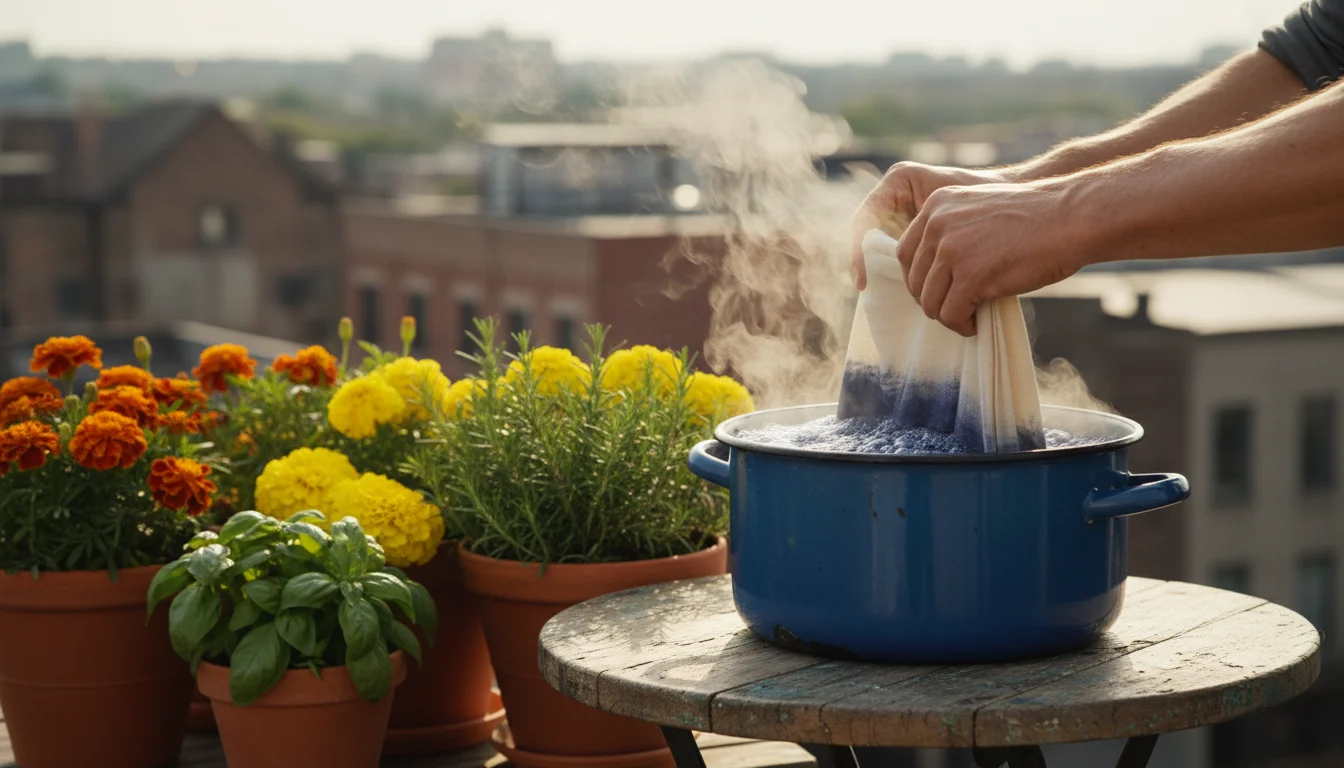 Hands submerge white fabric into a steaming blue enamel pot on a balcony table, with marigolds and onion skins nearby.