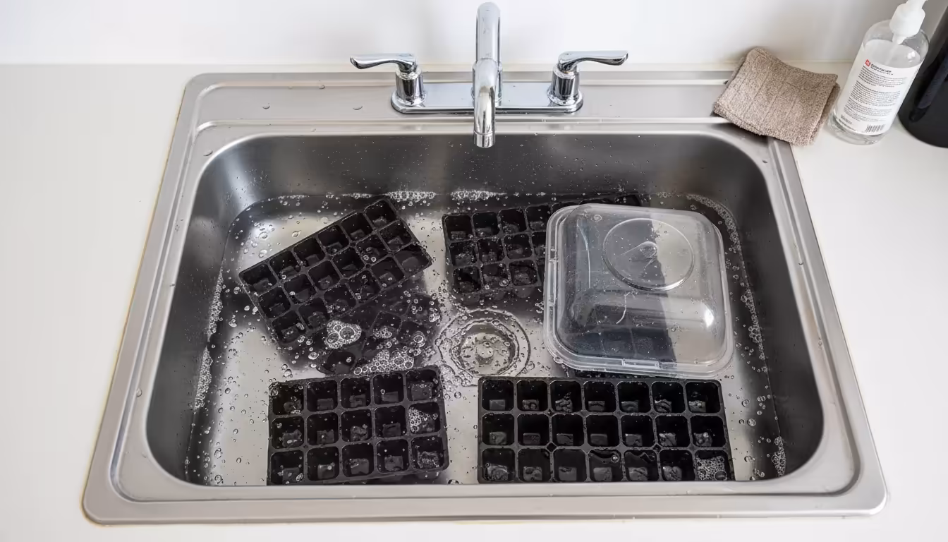 Overhead of hands submerging clean seed-starting trays and small pots in a sanitizing solution within a compact apartment sink. Brush and hydrogen per