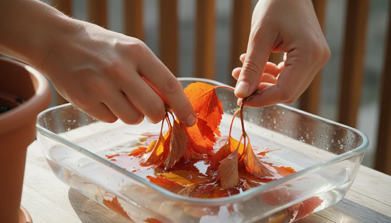Hands gently submerging colorful fall leaves into a clear glass dish containing glycerin solution on a balcony.