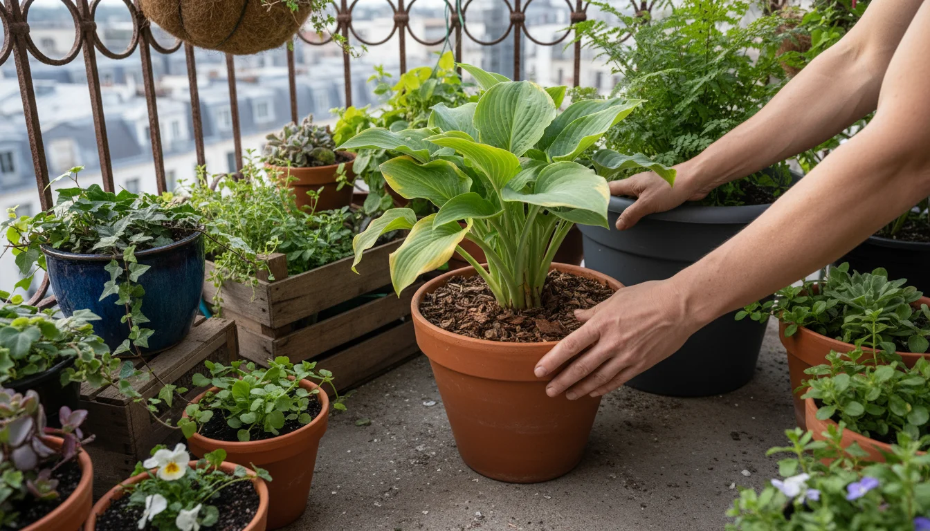 Hands subtly repositioning a terracotta pot with yellowing hosta leaves closer to other containers on an urban balcony, with mulch visible.