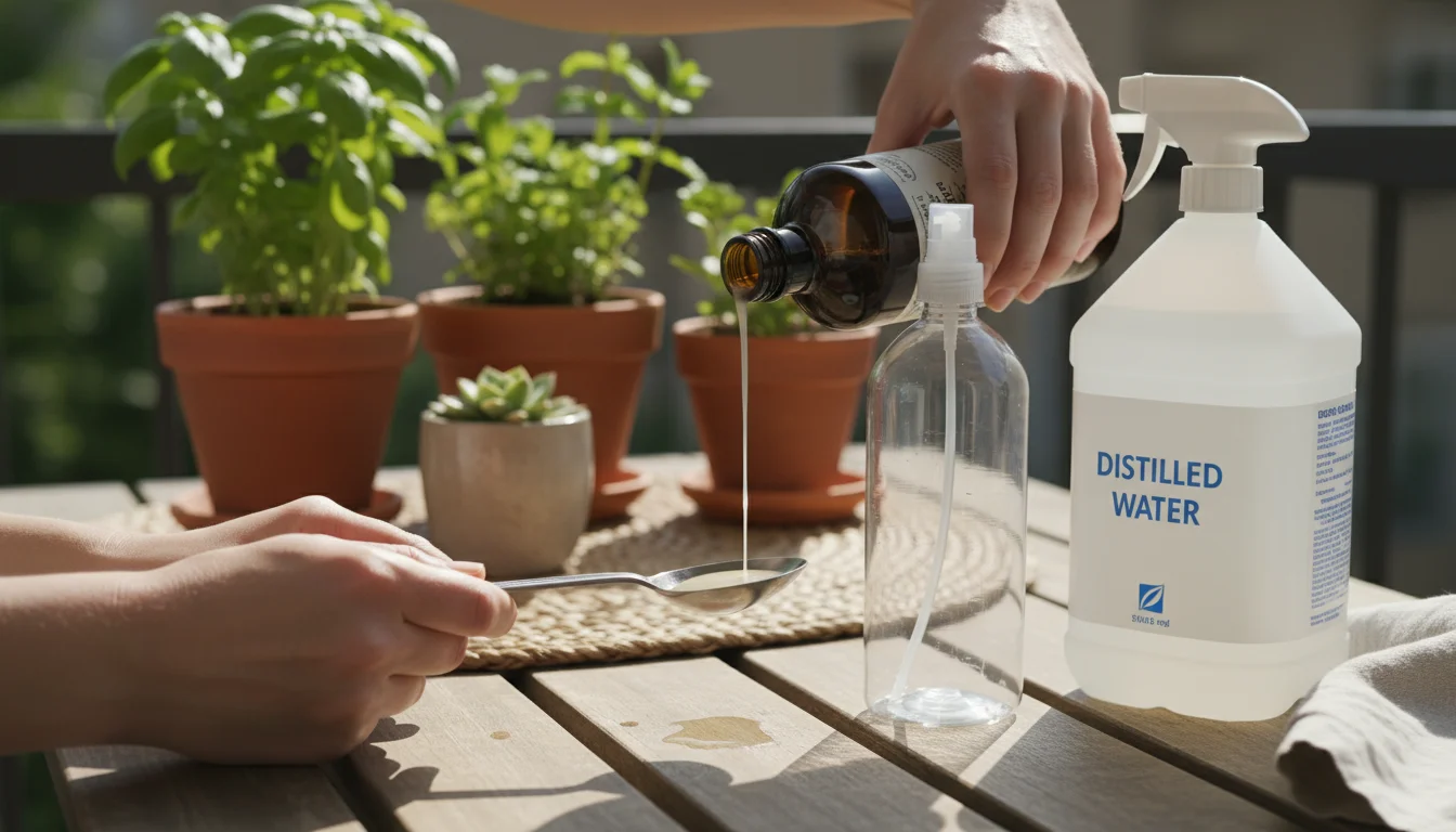 Hands on a sun-dappled balcony table carefully measure liquid castile soap into a spoon, preparing a DIY spray, with a spray bottle and potted herbs i