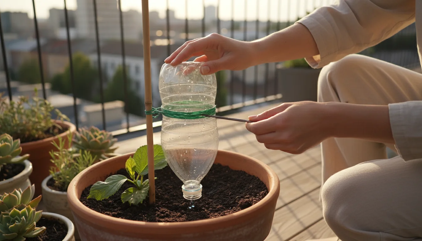 Hands on a sunny patio carefully clearing the small drip hole of an inverted plastic bottle DIY waterer inserted into a vibrant container plant in a t