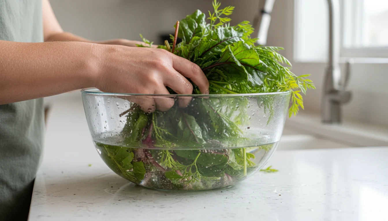 Hands gently swishing freshly harvested beet greens and carrot tops in a clear bowl of water, with visible soil particles.