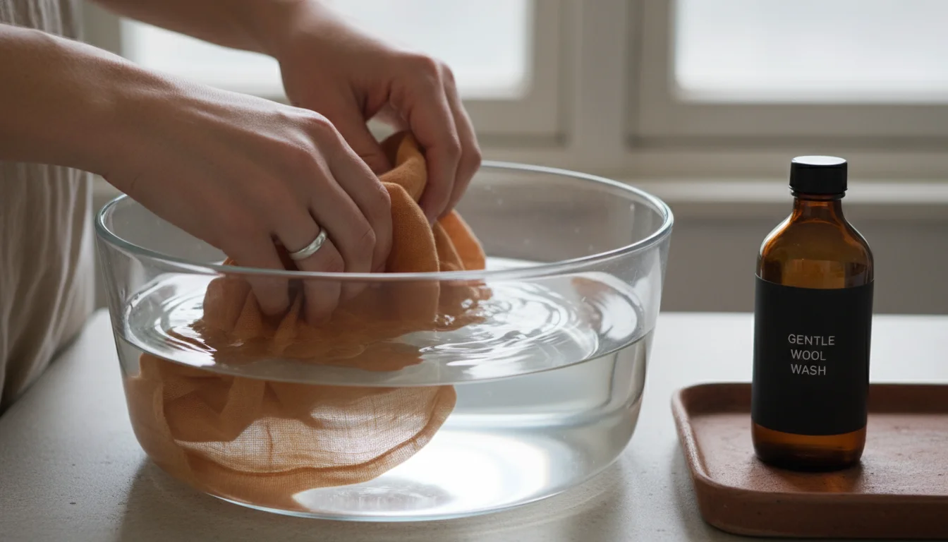 Hands gently swishing an orange naturally dyed linen tea towel in a glass basin of water on a wooden table, with a bottle of wool wash and a parsley p