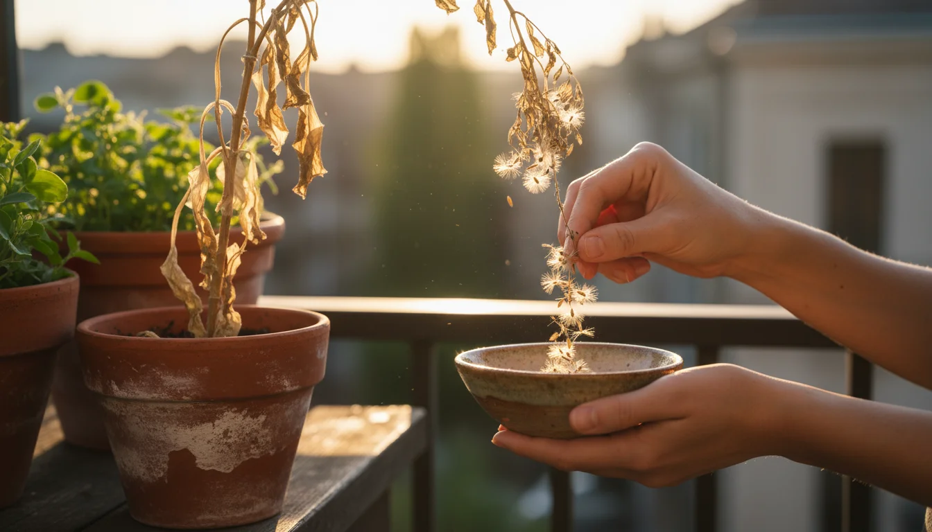 Hands tapping dried lettuce seed head into a bowl on a balcony, with a potted bean plant with dry pods in soft focus background.