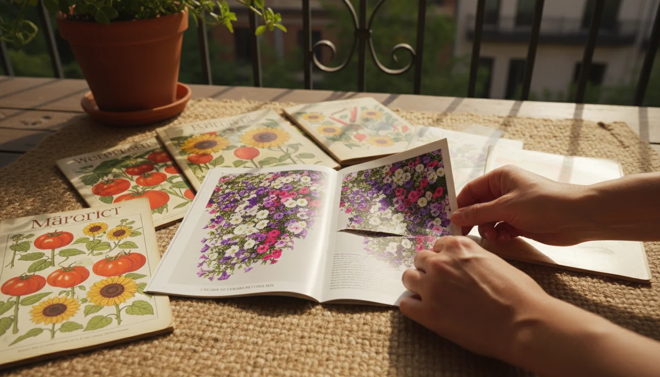 Hands tearing out a picture of petunias from an open seed catalog, surrounded by other colorful catalogs on a woven mat.
