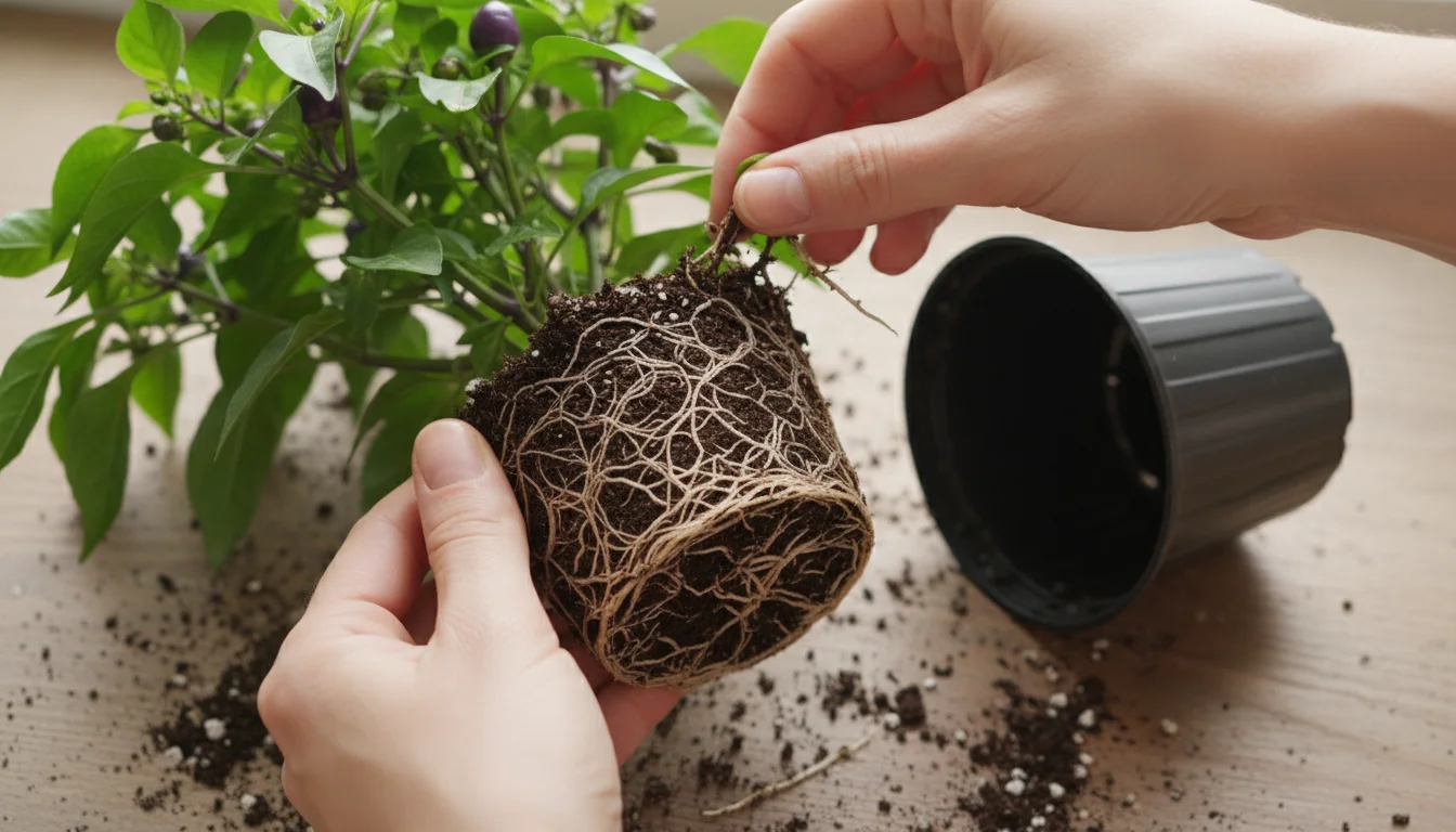 Hands gently tease apart the circling roots of a young ornamental pepper plant after removing it from its nursery pot.