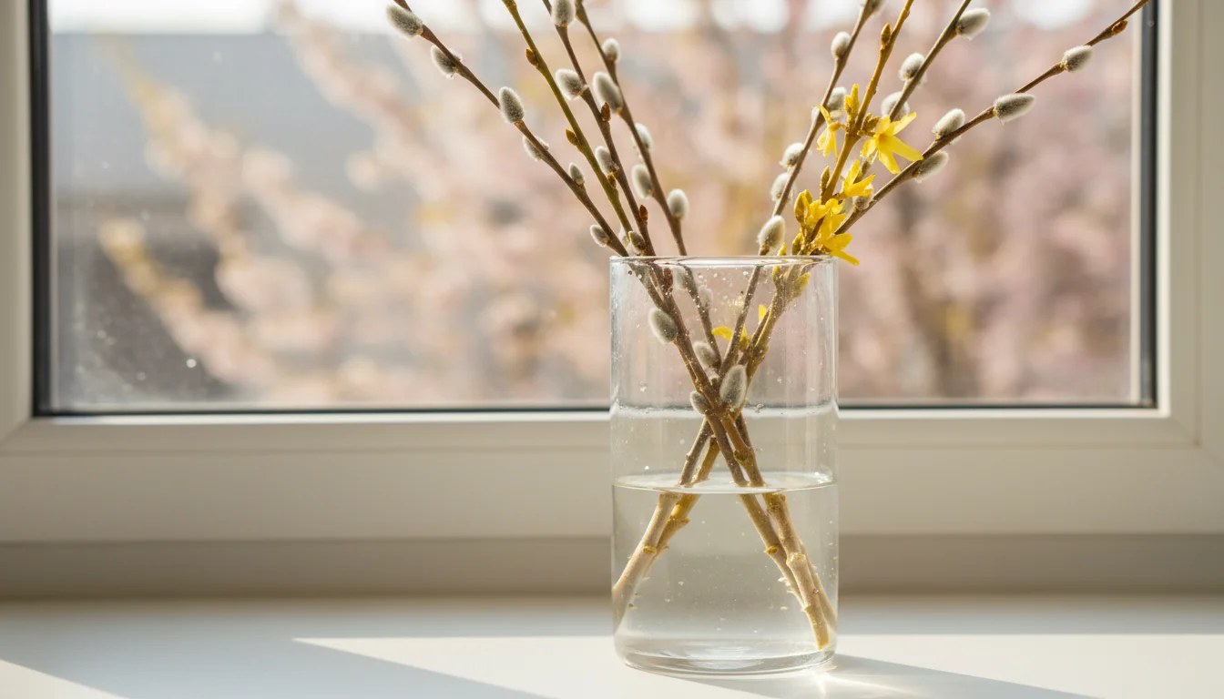 Hands gently tend to bare branches with swelling buds and delicate early blooms in a clear vase on a sunny windowsill, bringing spring indoors.