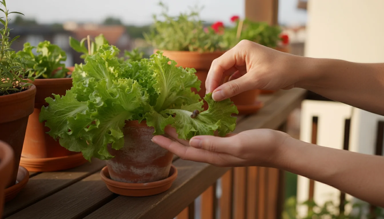 Hands gently tend to lush green lettuce in a terracotta pot, carefully removing a tiny slug. Potted plants visible in soft background.