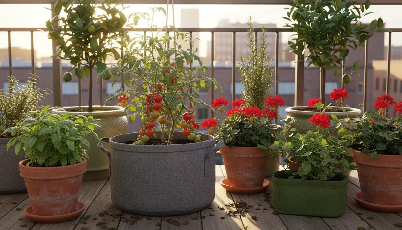 Hands gently tend thriving companion-planted basil, marigolds, and nasturtiums alongside a tomato plant in fabric grow bags and terracotta pots on a s