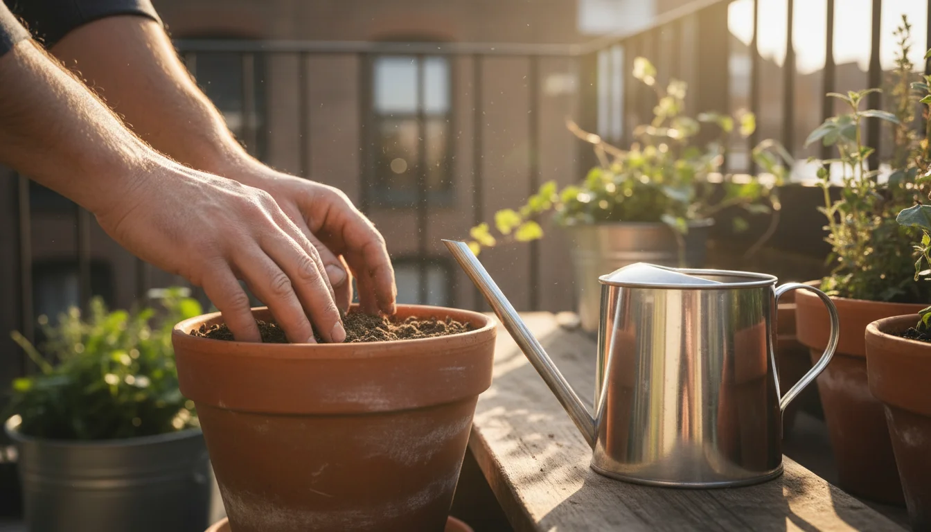 Hands test dry soil in a terracotta pot on a balcony, with a metal watering can nearby, bathed in soft late afternoon light.
