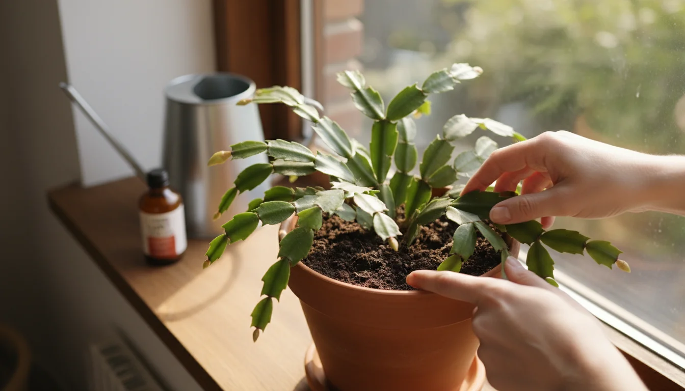 Hands test soil of Christmas Cactus in terracotta pot on a windowsill, with watering can and plant food in background.
