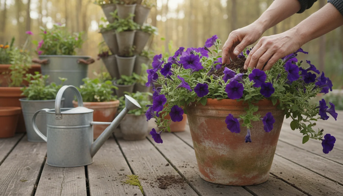 Hands testing the dry soil of a petunia in a terracotta pot on a patio, with a watering can nearby.