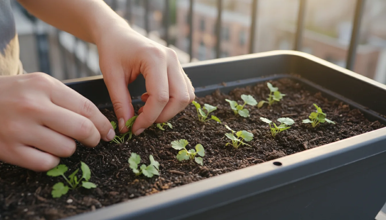 Hands thinning cilantro seedlings for optimal spacing in a long balcony planter, bathed in soft sunlight.