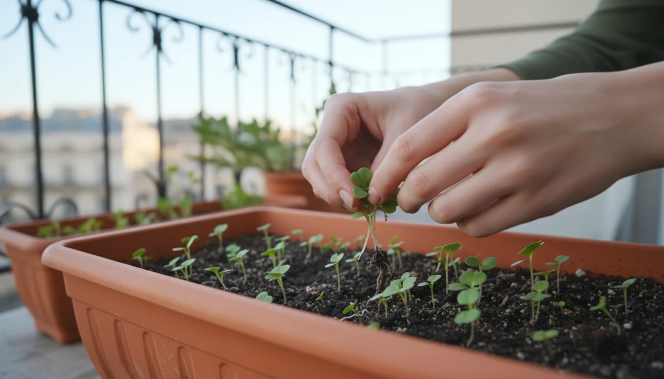 Close-up of hands thinning small pak choi seedlings from a terracotta planter, with tiny pulled seedlings visible.