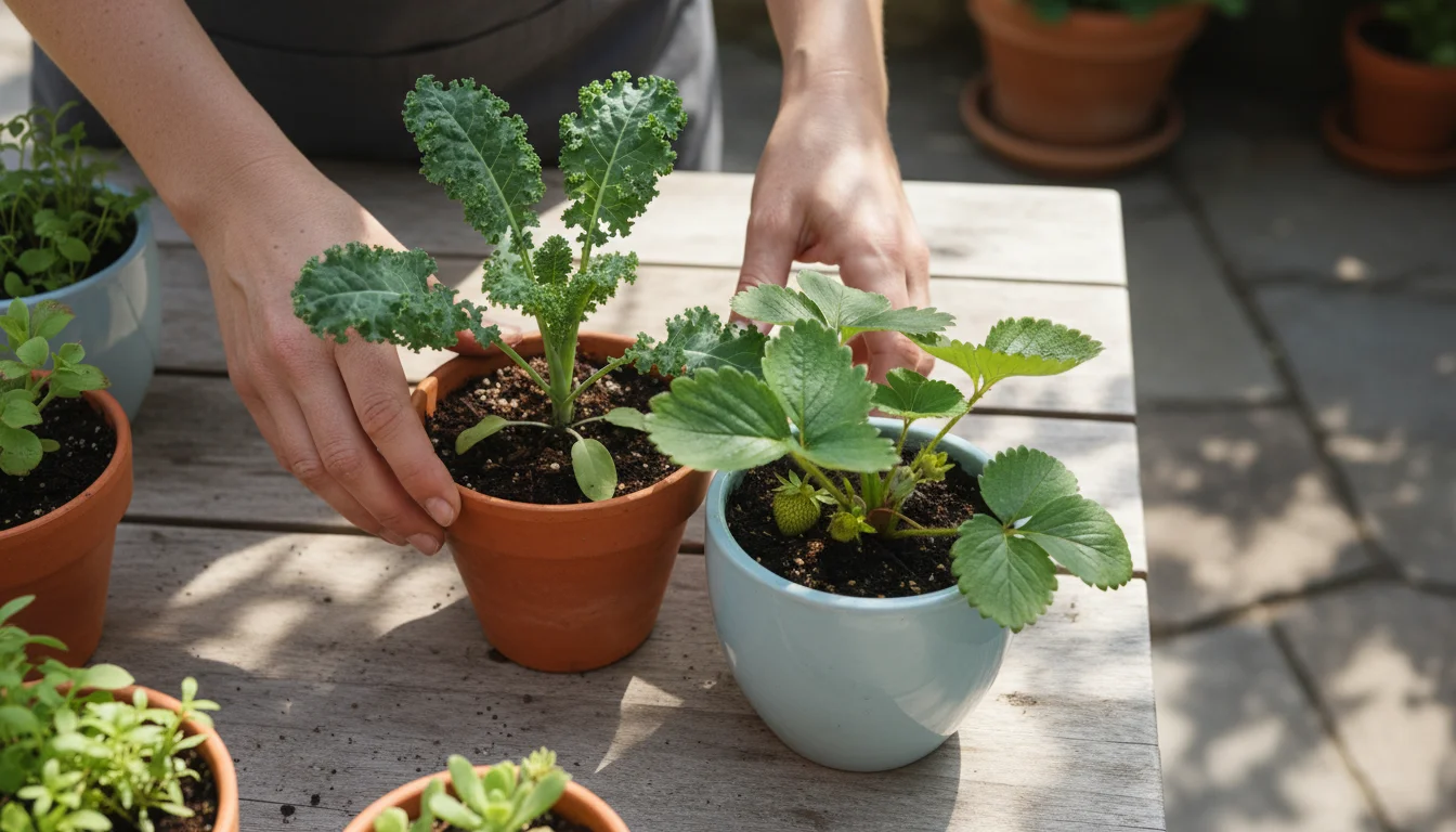 Hands thoughtfully separate a potted young kale from a thriving strawberry plant on a sunlit patio table, amidst other small container herbs.