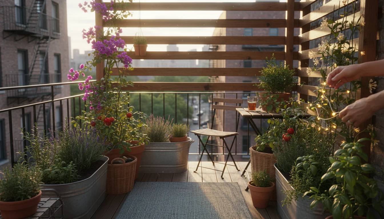 Hands tending to a thriving herb plant in a sunny spot on a small balcony, with clear patterns of sun and shade across various potted plants.