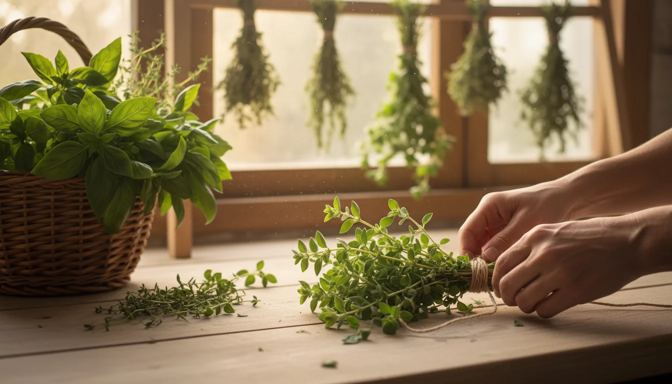Hands tie oregano stems for drying on a wooden counter with a basket of fresh herbs; more bundles hang drying in soft window light.