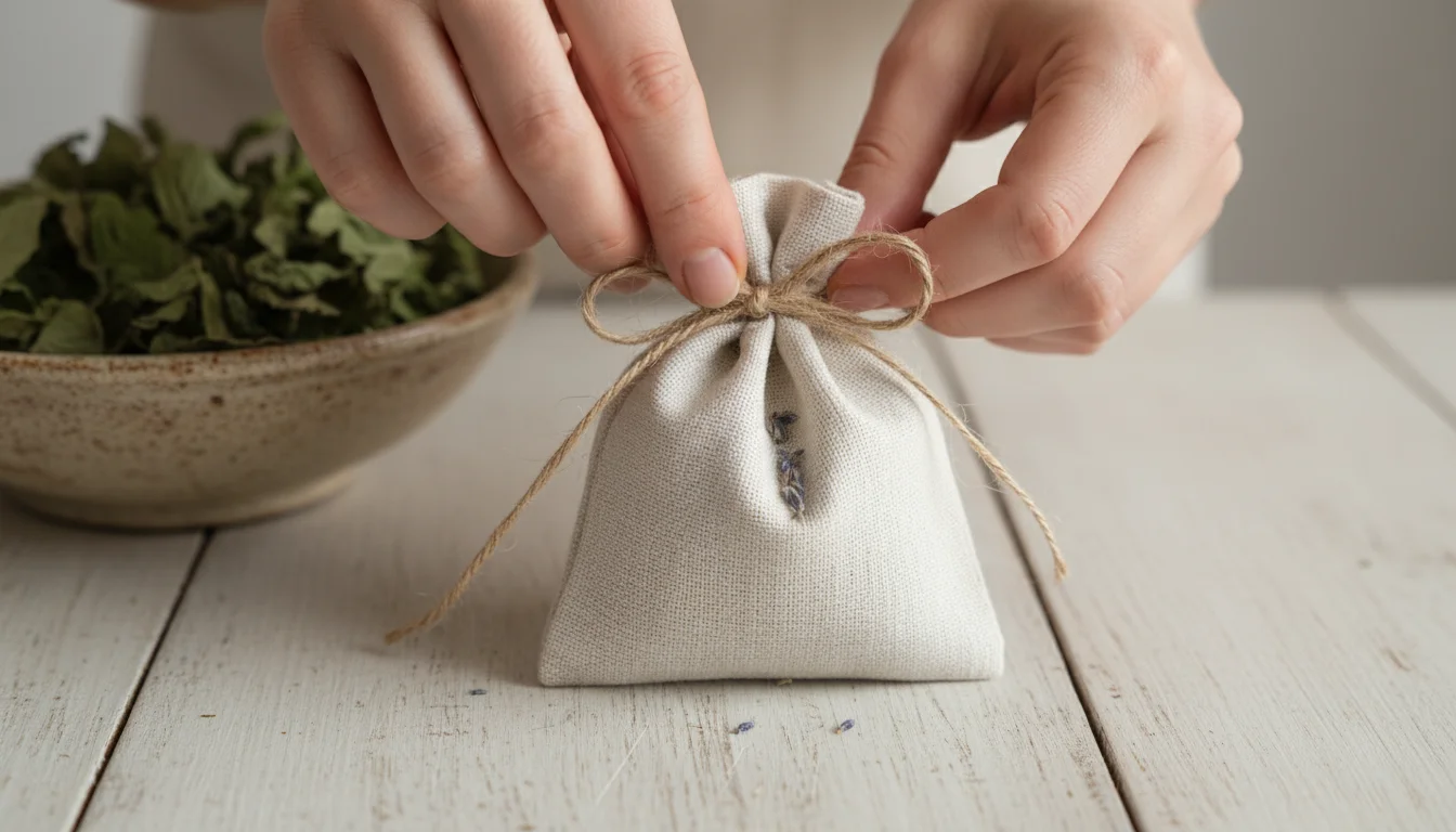 Hands tie twine around a small, square linen sachet filled with dried lavender on a light wooden table, with blurred mint leaves nearby.