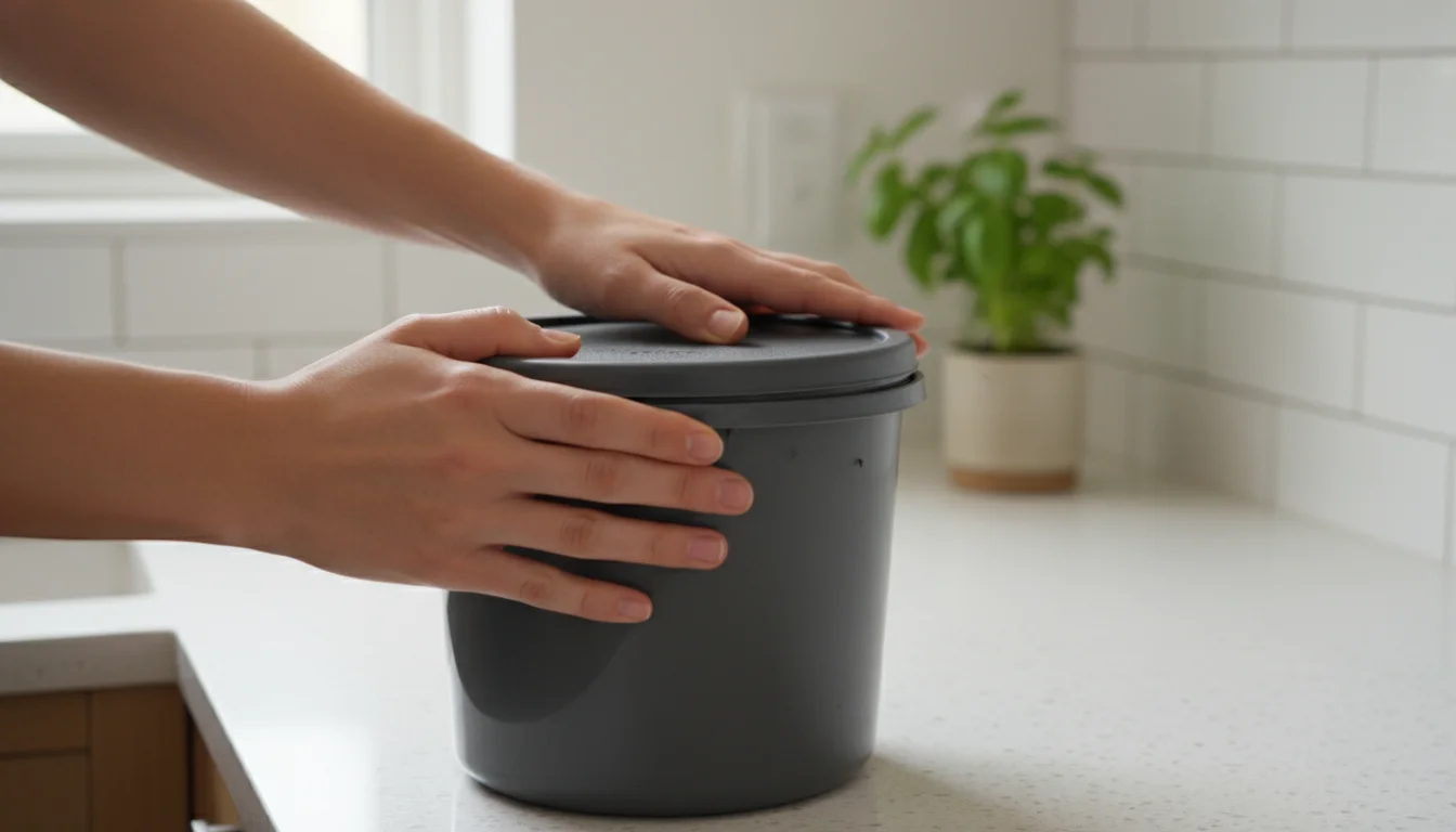 Hands tighten the lid of a grey Bokashi compost bucket on a kitchen counter, with subtle fruit flies nearby.