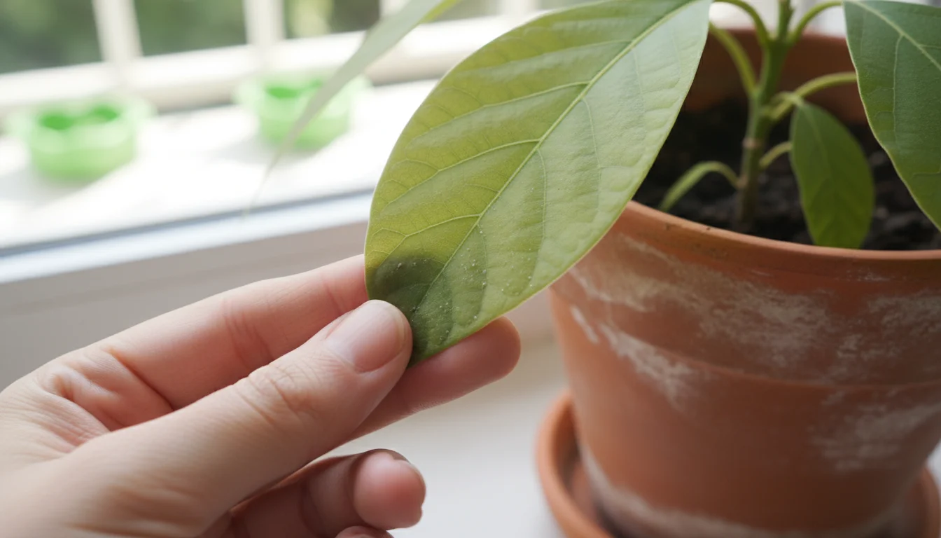 Hands gently tilt an avocado plant leaf, revealing its underside with subtle pest damage.
