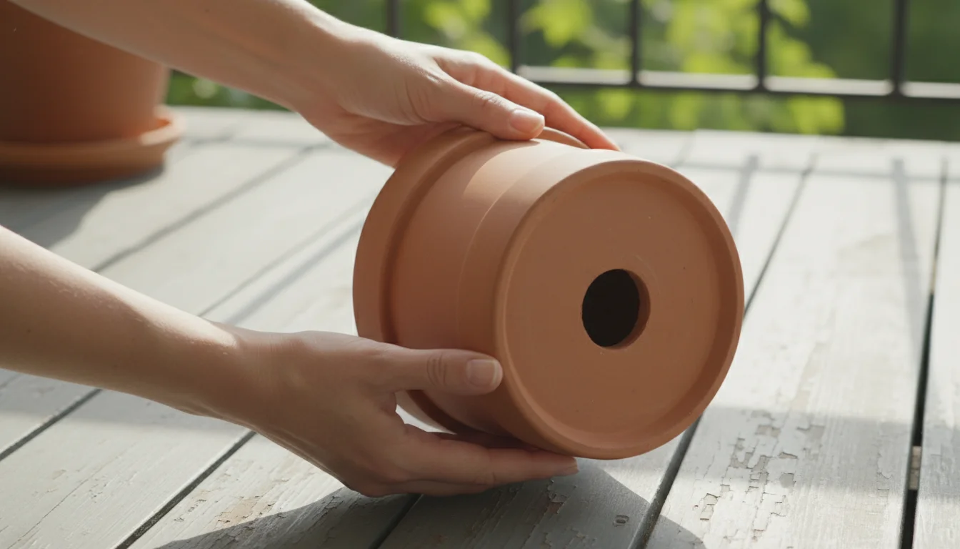 Hands tilt an empty terracotta pot upside down on a wooden balcony floor, revealing a single drainage hole at its base.