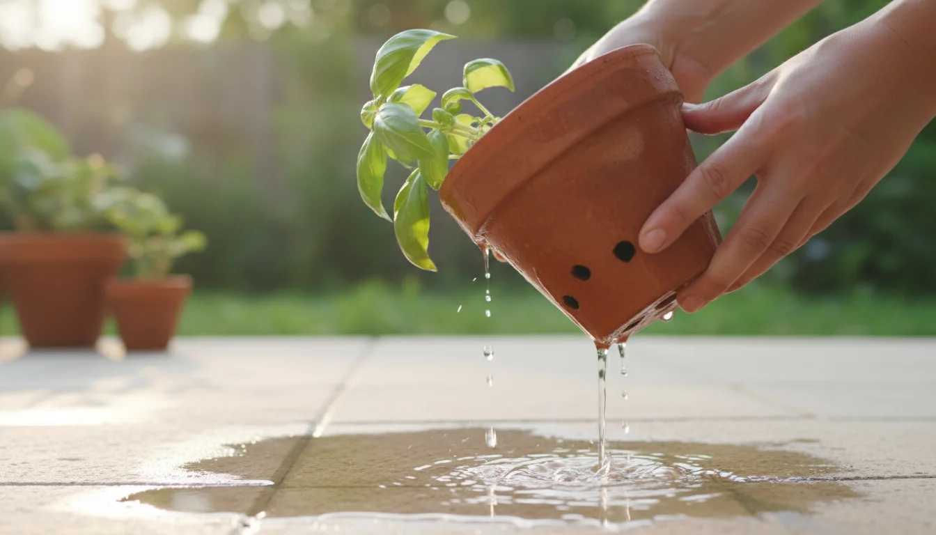 Hands tilt a terracotta plant pot on a patio, with water visibly dripping from its drainage holes onto the ground.