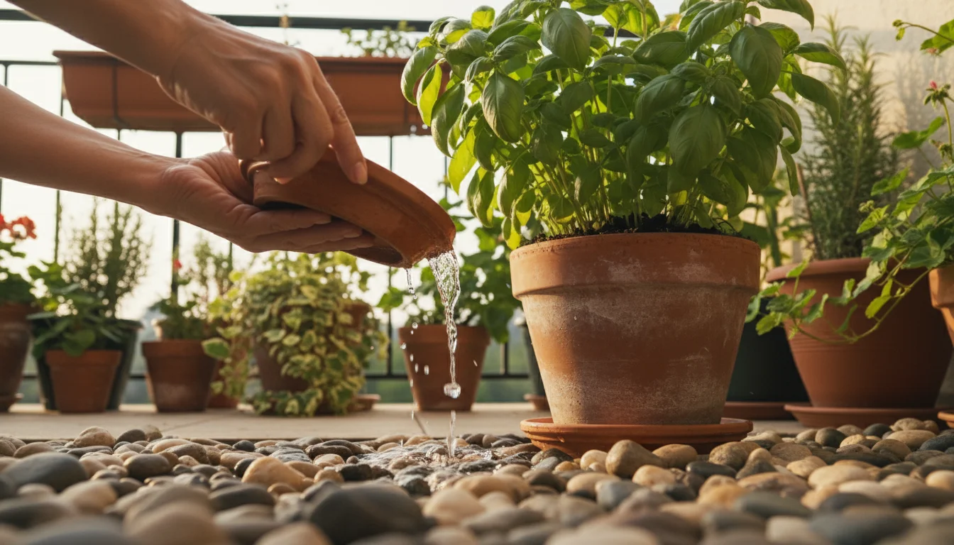 Hands tilt a terracotta pot saucer, emptying excess water onto decorative pebbles on a sunlit patio, with a healthy basil plant.