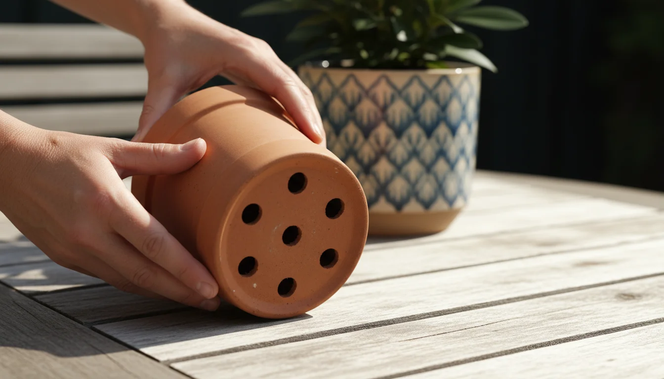 Close-up of hands tilting an empty terracotta pot on a wooden table to show its drainage holes. A blurred decorative cachepot is in the background.