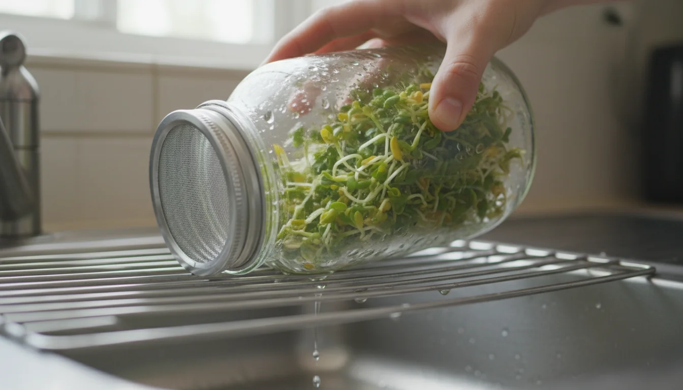 Hands tilting a mason jar of vibrant alfalfa sprouts upside down on a wire rack in a kitchen sink, water actively draining.