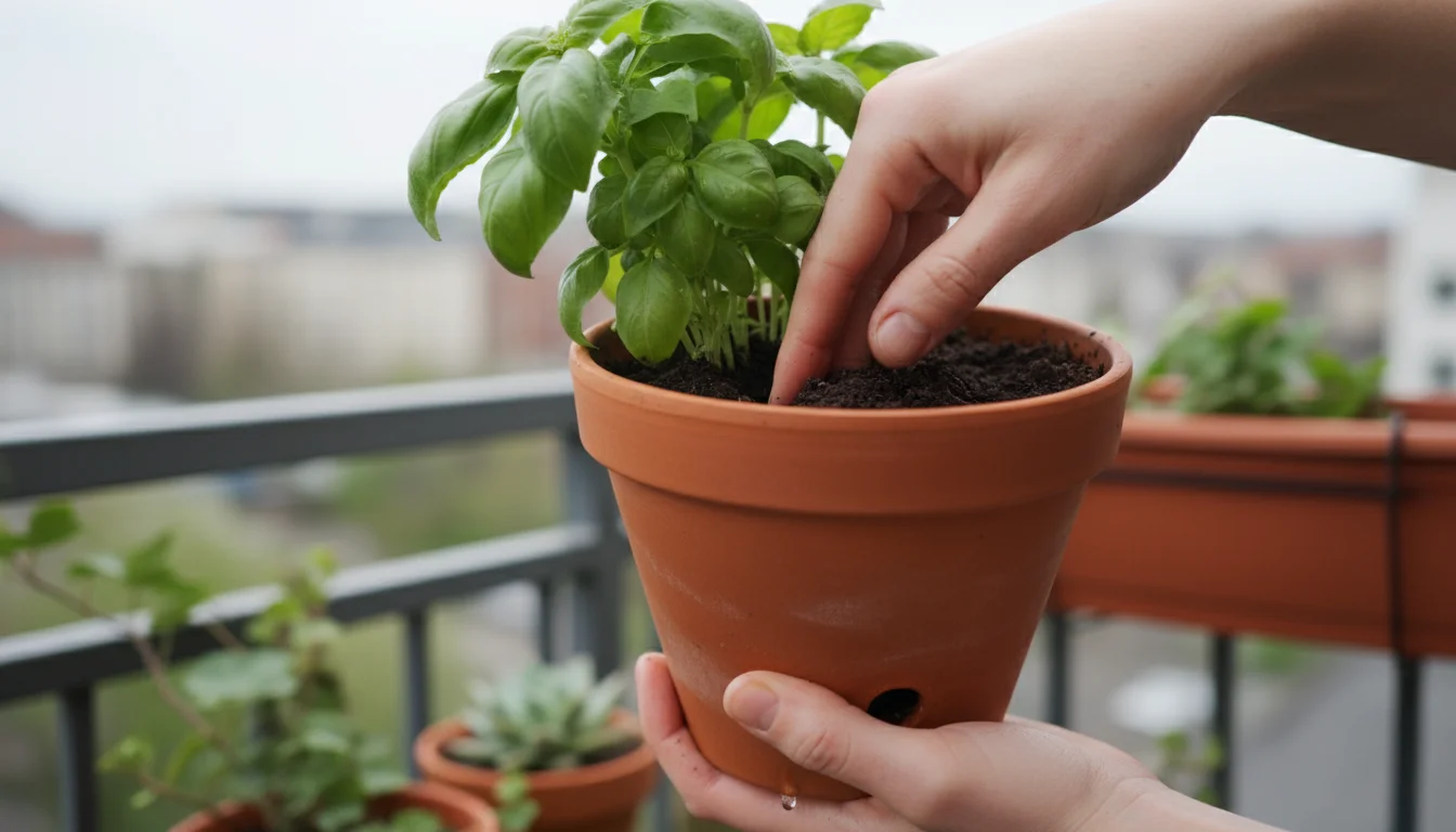 Hands tilting a terracotta pot on a balcony, checking moist soil of a basil plant for water needs and visible drainage hole.
