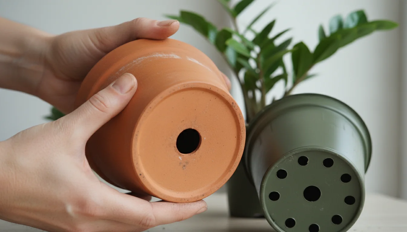 Hands tilting a terracotta pot to reveal its drainage hole, with a plastic pot and a lush ZZ plant in soft focus behind.