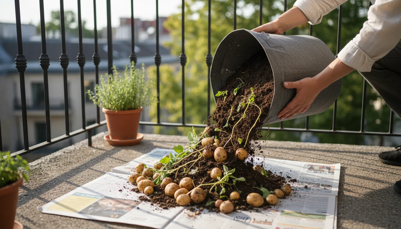 Hands gently tip a fabric grow bag on a balcony, revealing a cascade of rich soil and freshly harvested potatoes onto a tarp.