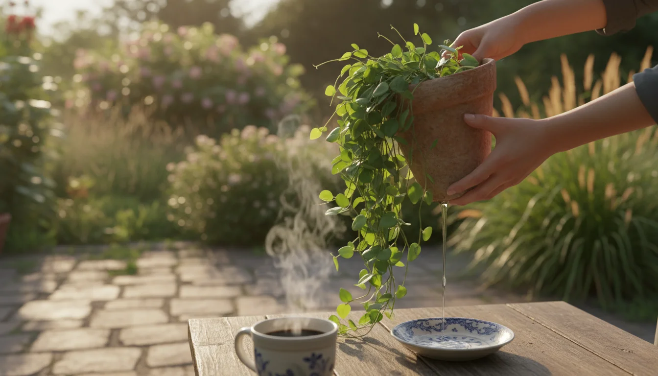 Hands tip a terracotta pot to drain water into a ceramic saucer on a sunny patio, with a finger checking nearby soil moisture.
