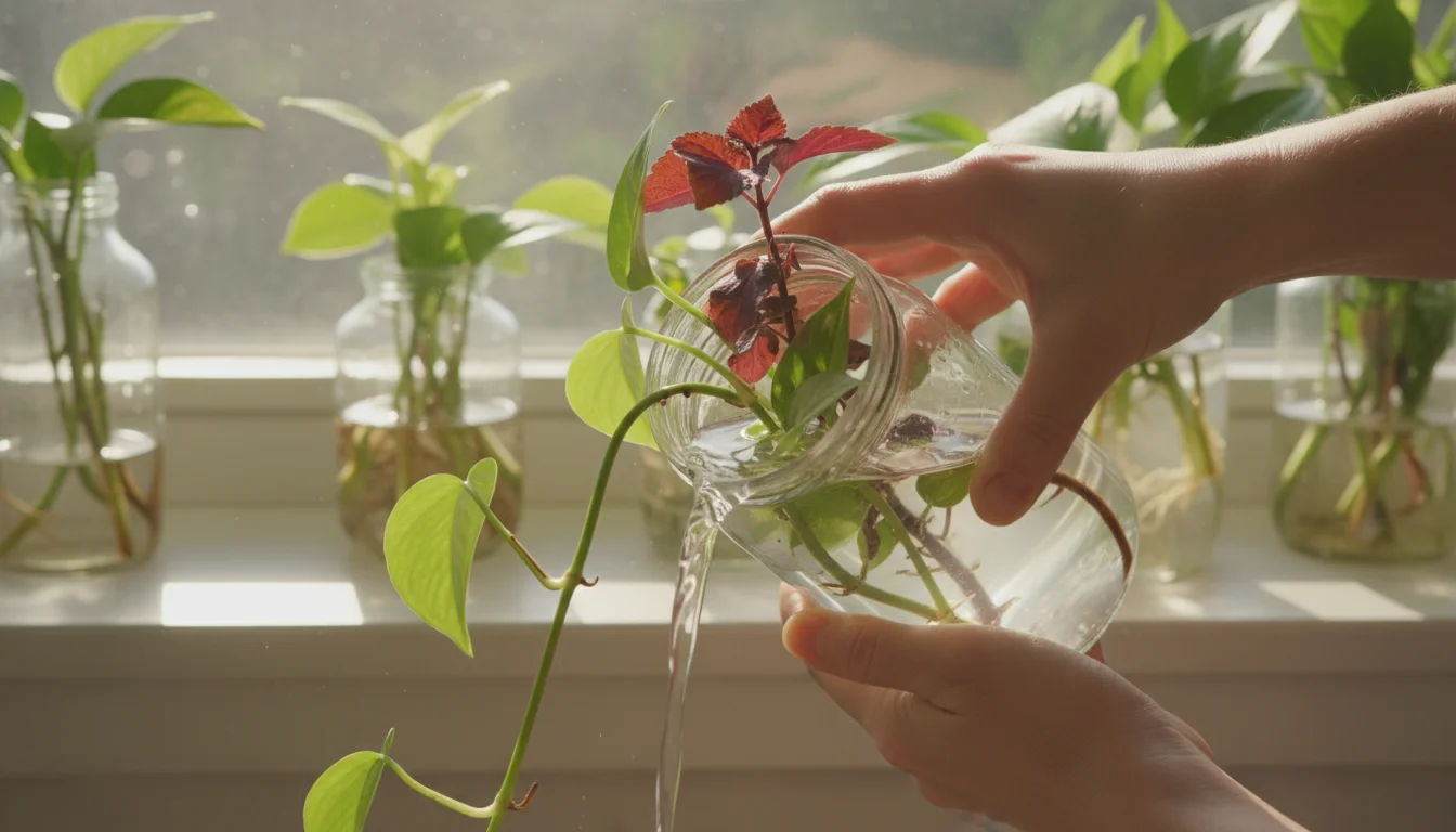Hands gently tipping a glass jar with plant cuttings to pour out old water on a sunlit windowsill.