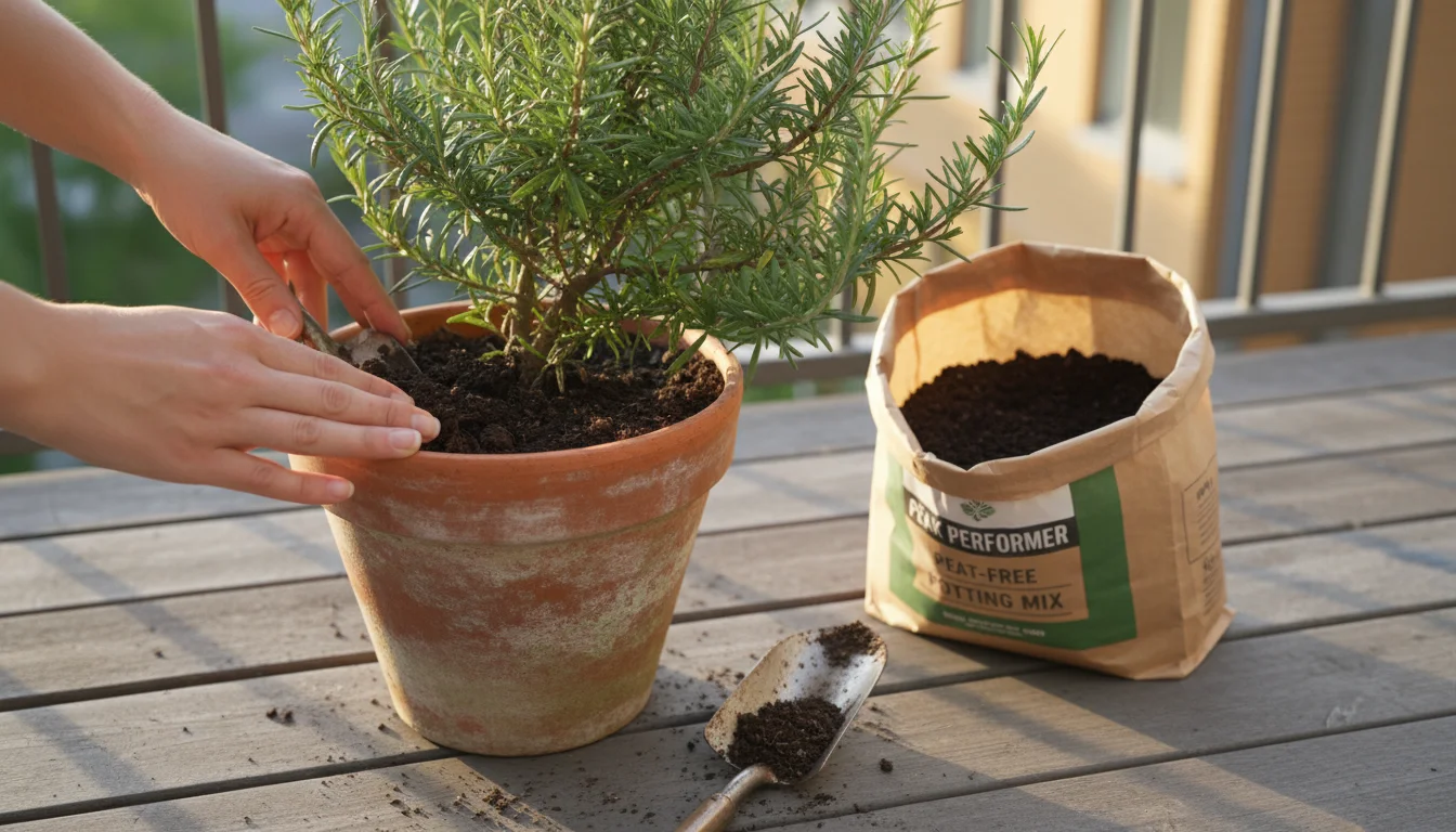 Hands top-dressing a thriving rosemary plant in a terracotta pot with fresh peat-free potting mix on a sun-dappled balcony table.