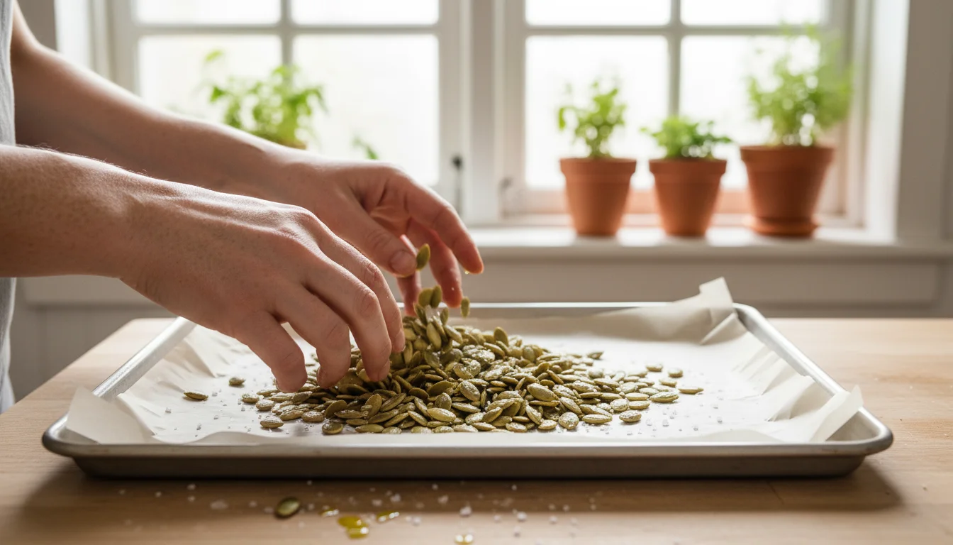 Hands gently toss oil-coated, salted pumpkin seeds on a parchment-lined baking sheet in a kitchen.