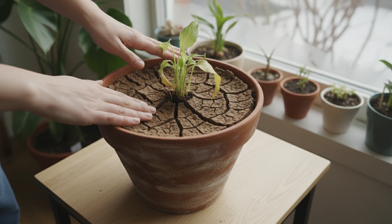 Hands gently touch hard, cracked soil in a terracotta pot with a drooping indoor plant on a wooden table.