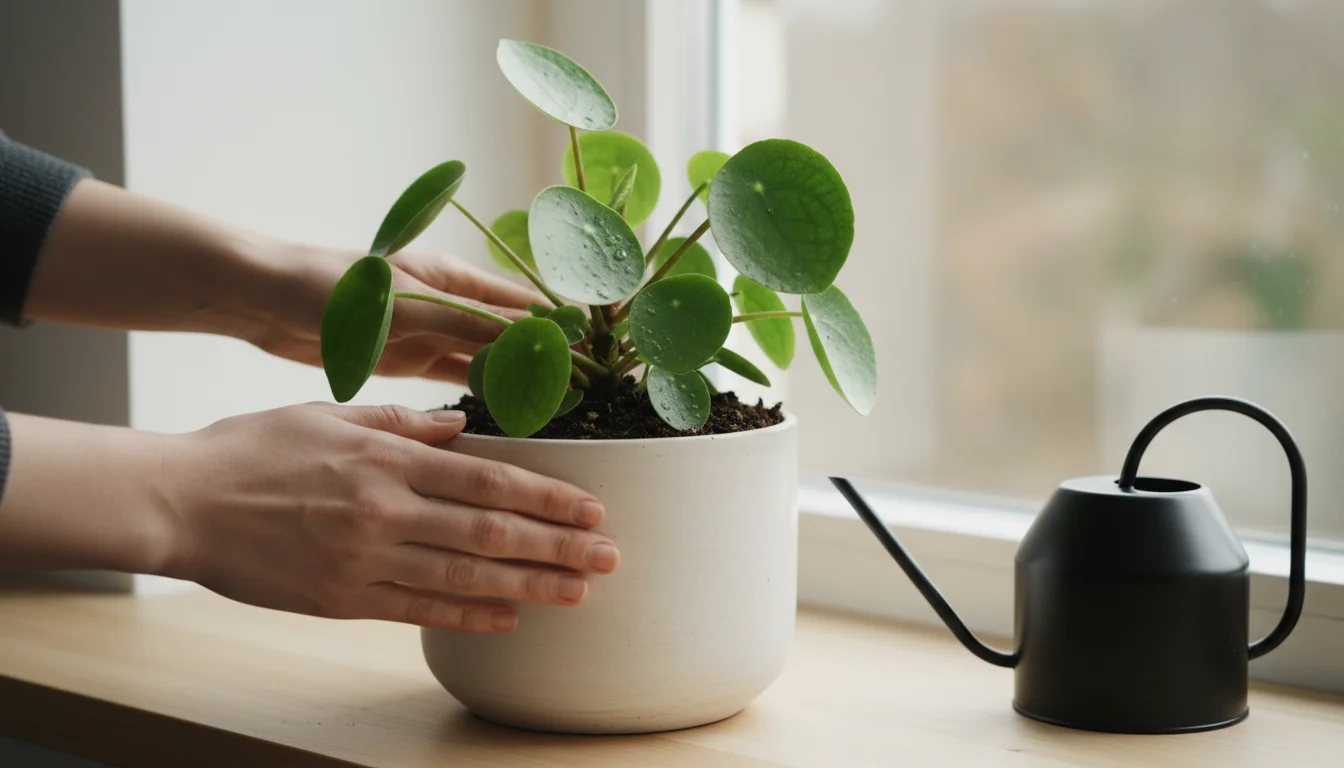 Hands gently touch soil in a ceramic pot on a windowsill, with a watering can nearby, amidst lush indoor plants.