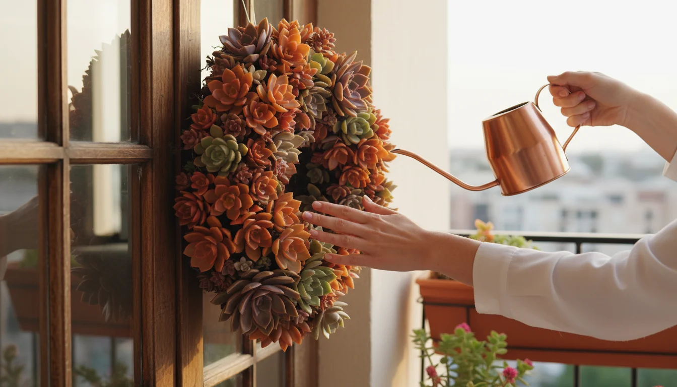Hands gently touch a succulent wreath hanging on an apartment door, holding a small copper watering can.