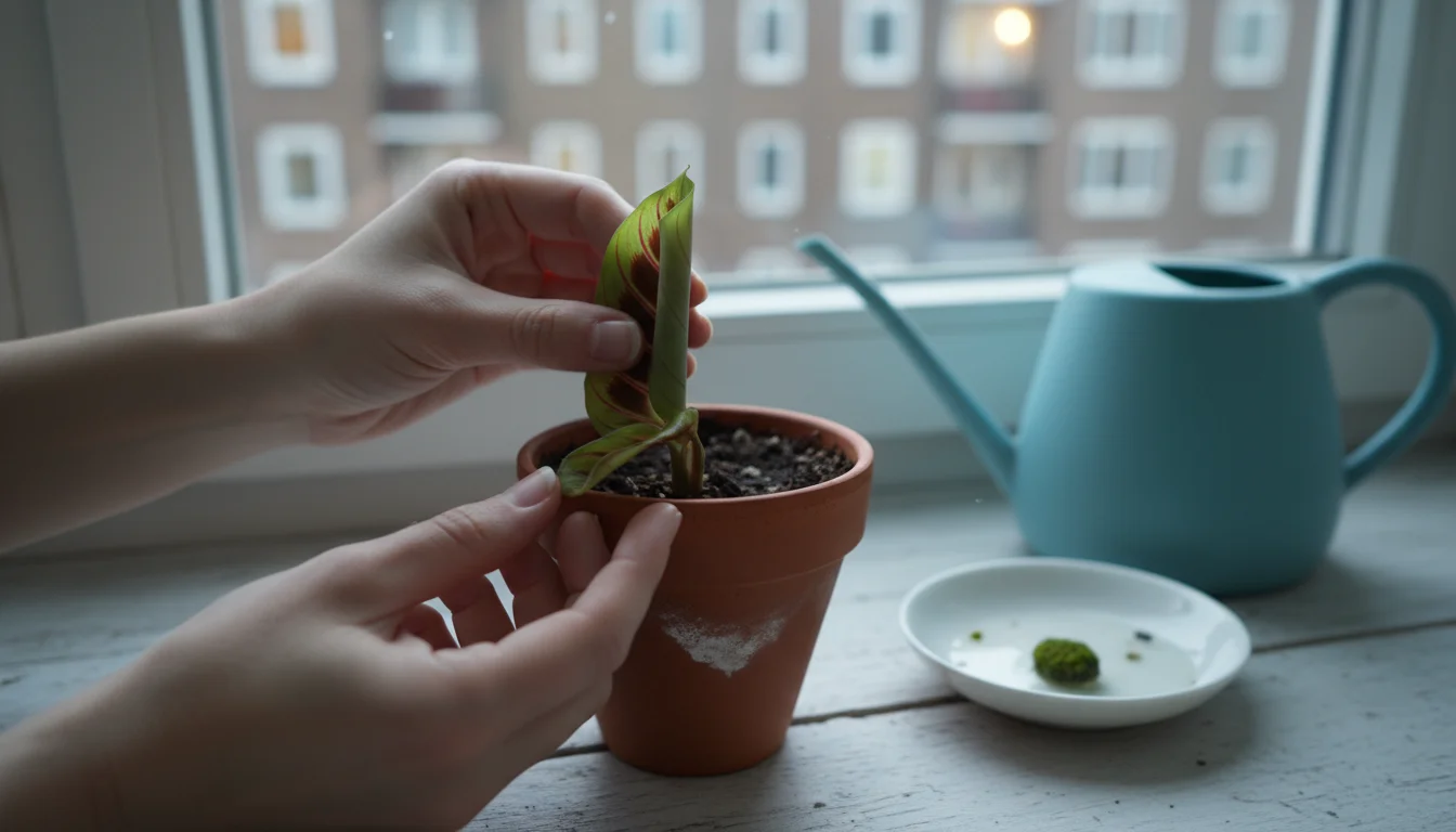 Hands gently touch a unfurling leaf of a patterned prayer plant in a terracotta pot on a sunlit window sill.