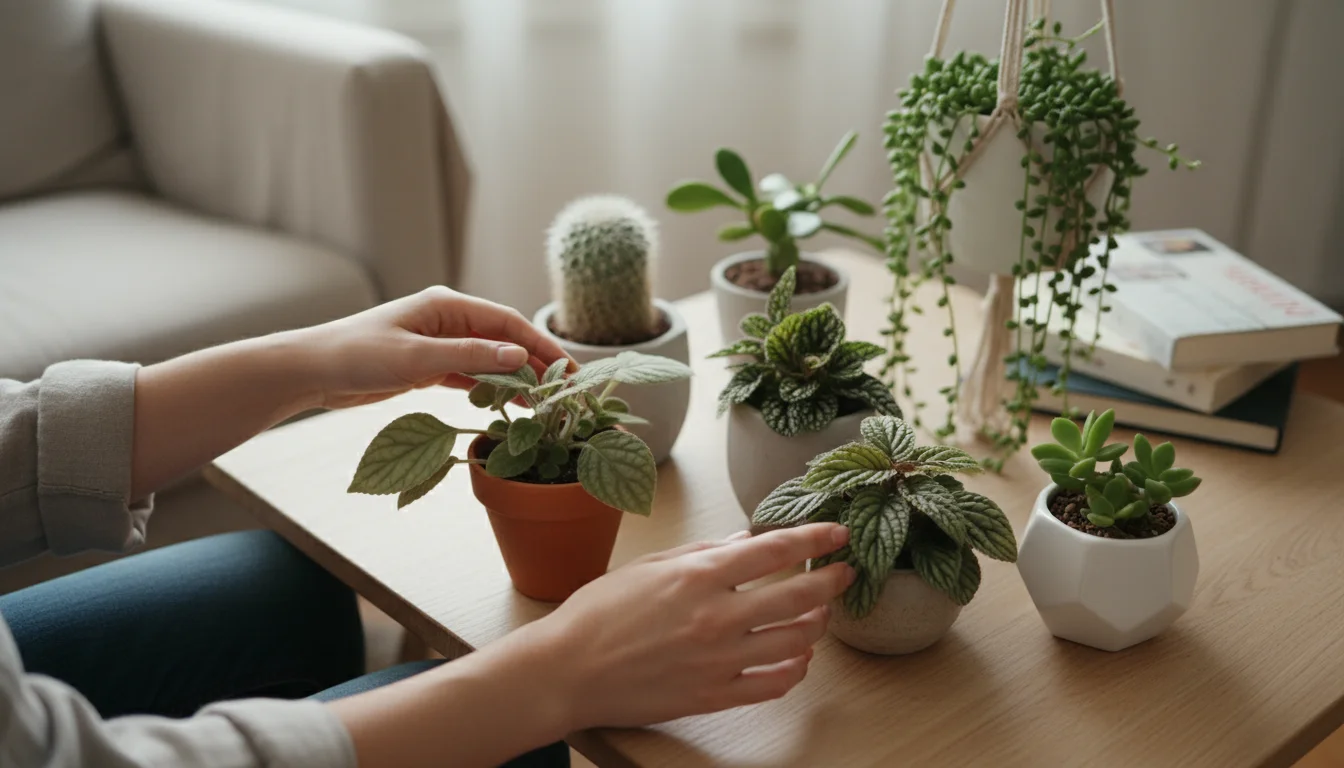 Hands gently touch velvety Plectranthus and a ridged fern amidst small, diverse-textured potted plants on a wooden table, lit by soft window light.
