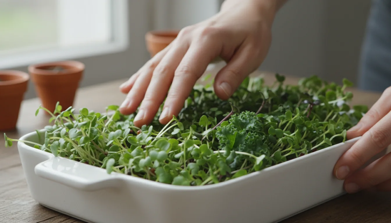 Close-up of hands gently touching vibrant green microgreens in a white ceramic tray, bathed in soft morning light on a kitchen counter.