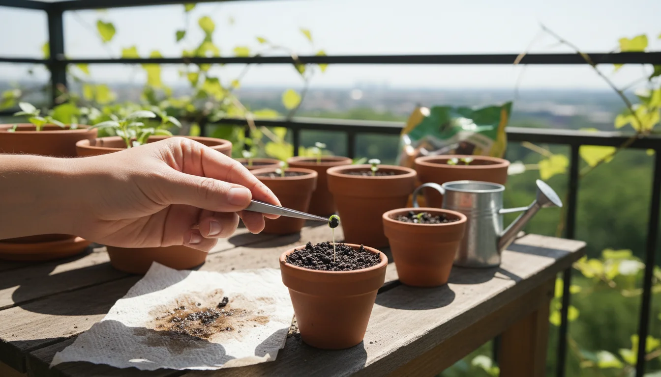 Hands gently transfer a tiny, sprouted seed with tweezers into a terracotta pot on a balcony potting bench, showing a small-space garden.