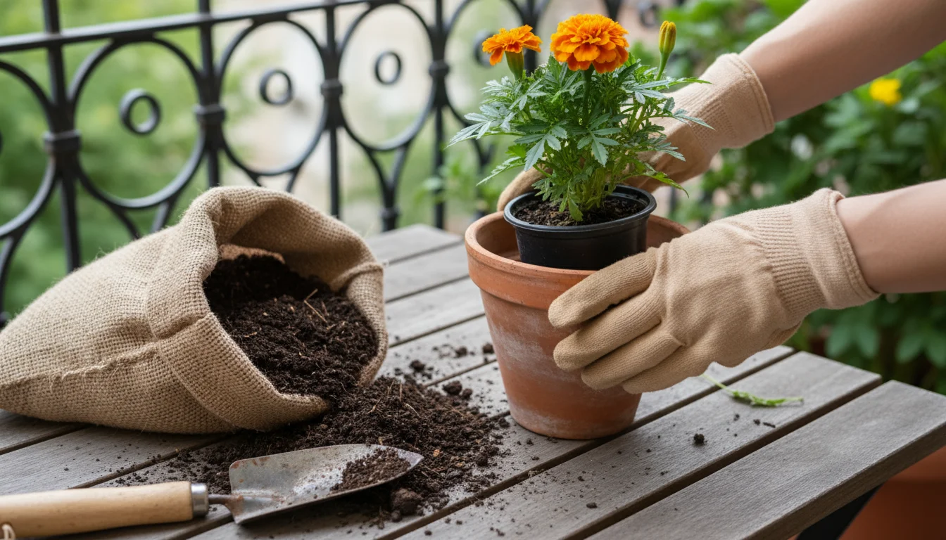 Hands transferring a leafy plant from a plastic nursery pot to a terracotta pot on a weathered balcony table, with potting mix and tools.