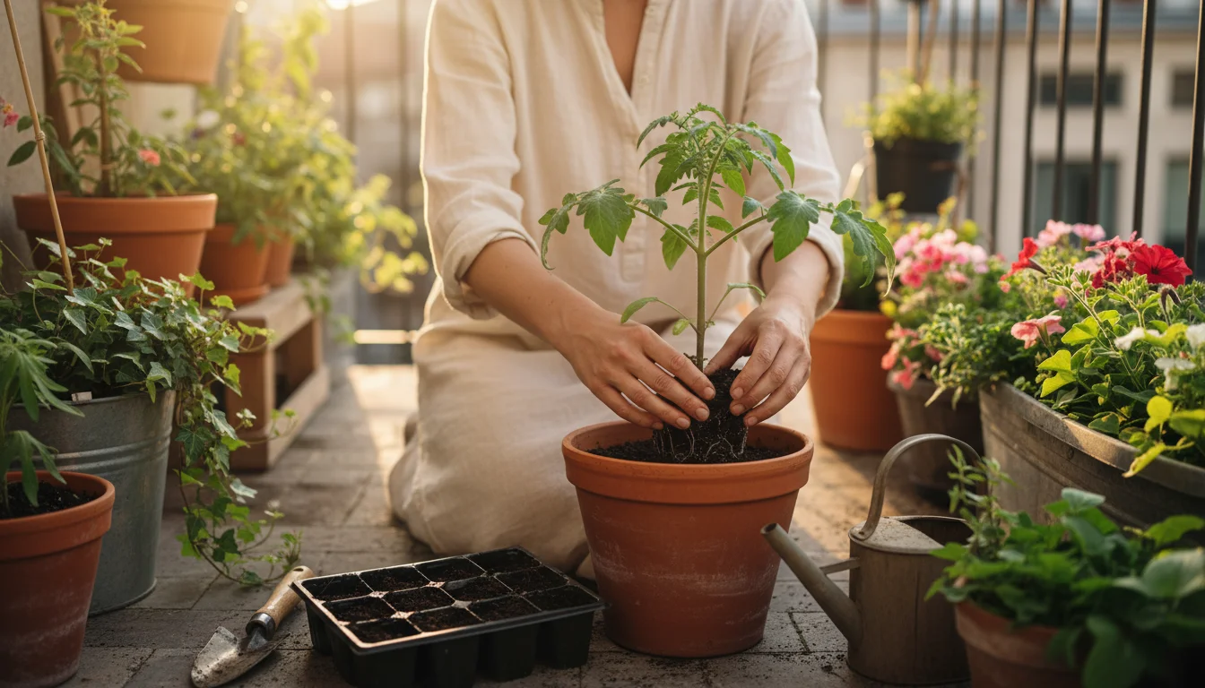 Hands gently transplant a leafy seedling from a tray into a terracotta pot on a sunlit urban balcony, surrounded by other container plants.